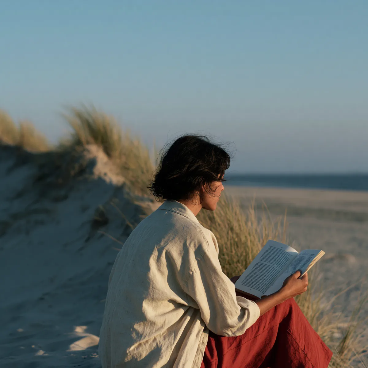 Person liest auf einer Düne am norddeutschen Strand